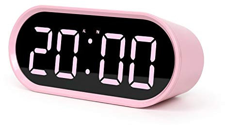 mooas Pop Mirror Digital Alarm Clock, LED Desk Clock with Nightlight, Snooze, Indoor Temperature, Battery Operated Small Size Clock for Kids Girls Bedroom Livingroom Office (Pink)
