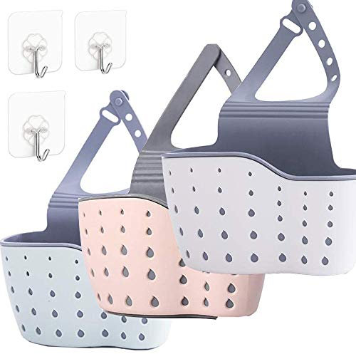 Qtopun Sponge Holder for Sink, 3 Pack Sink Caddy Organizer With 3 Hooks Kitchen Dishcloth Holder With Adjustable Strap Bathroom Soap Hanging Strainer Tootthbrush Bag