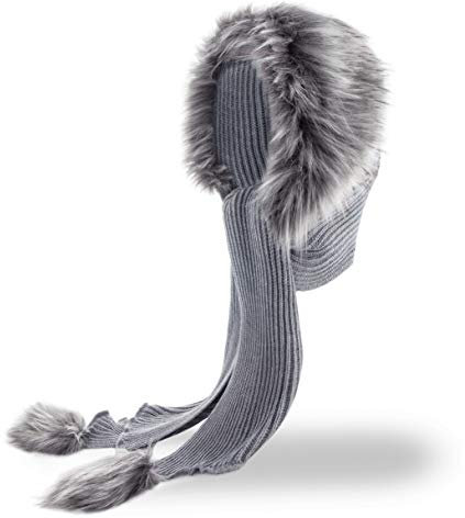 Futrzane Classic Kapuzenschal - Winter Schalmütze Damen - Mützenschal mit Fell (One Size, Grau - Asche Classic)