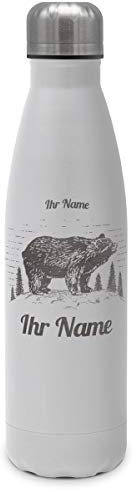 printplanet - Isolierte Trinkflasche mit Text oder Namen graviert - Edelstahl Thermo-Flasche mit Gravur, 500ml - Weiß - Motiv: Bär