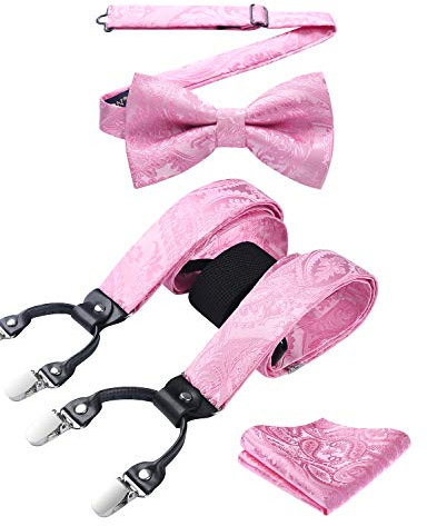HISDERN Rosa Hosenträger für Herren Paisley Y Form und Längenverstellbar Hosenträger mit 6 starken Clips und Fliege mit Einsteckuch