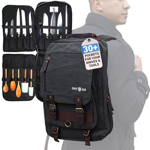 Chef Knife Bag Retro Backpack | 20+ Slots for Knives and Chef Tools | Knife Carrying Case with Hidden Back Pocket for Tablet | Sturdy Knife Bags for Chefs & Culinary Students | Premium Canvas (Black)