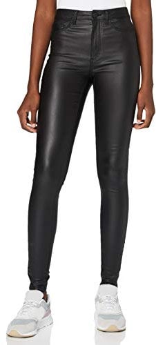Noisy May Women's NMCALLIE HW Skinny Coated Pants NOOS Trouser, Black, L 34
