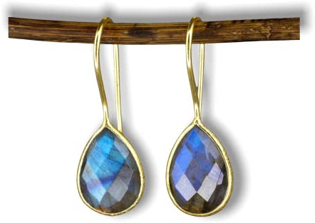 MadamLili - Tröpfchen Ohrringe Labradorit - 925 Sterling Gold Vergoldet - Edelstein Ohrhänger Schimmernd Grünblau - Exklusive Schmuckbox