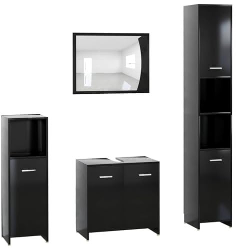 vidaXL Badmöbel Set 4-TLG. Spiegel Unterschrank Badschrank Midi Schrank Hochschrank Badezimmermöbel Waschbeckenunterschrank Schwarz Holzwerkstoff