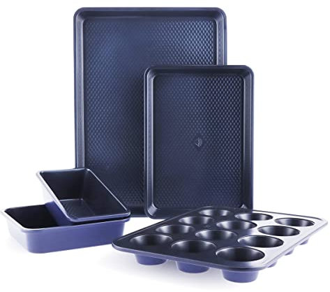 Blue Diamond Bakeware Diamond Infused Nonstick, 5 Piece Baking Set with 13x18inch Baking Sheet,13x9inch Cookie Sheet, 12 Cup Muffin Pan, Square Cake Pan & Loaf Pan, Dishwasher/Freezer Safe, PFAS-Free