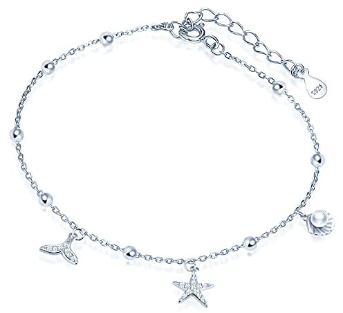 Yumilok Fusskettchen Armband mit Charms Seestern Anhänger Muschel Fischschwanz Länge verstellbar Fußspange Fußband Knöchel Armband für Frauen Mädchen