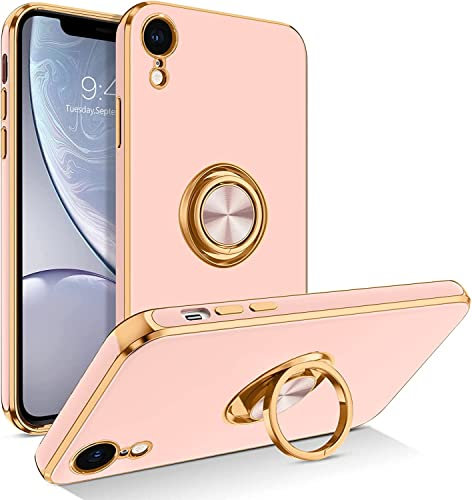 iPhone XR Silicone Phone Case for Women Girls Ring Holder 360° Kickstand Slim Luxury Bling Plating Soft TPU Shockproof iPhone XR Phone Case - Rose Gold