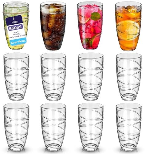 volila Verre à Eau - Pack de 12 Verres Transparents en Plastique (550 ml) Lot de Verre Incassable - Parfait pour les Fêtes, Piques-niques, Usage au Quotidien - Verres Cocktail pour Adultes