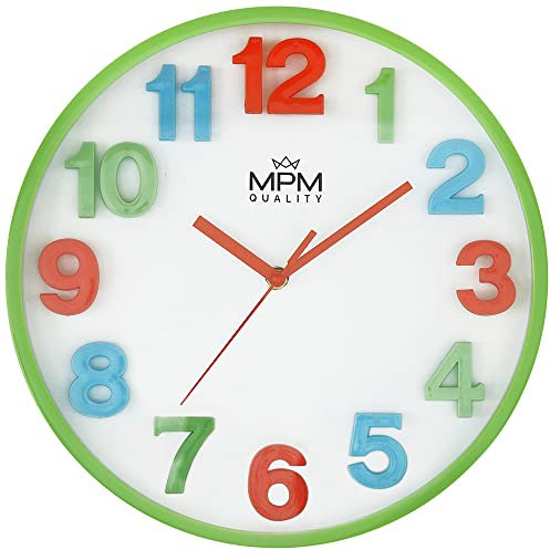 MPM Bunte Kinder Wanduhr aus Kunststoff, Grün/Weiß, große Bunte 3D-Ziffern, für ungestörtes Spielen, Quarz-Uhrwerk, geeignet besonders für Kinderzimmer, Kindergarten, die Schule