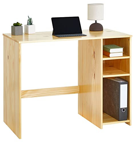 IDIMEX Schreibtisch Liam, schöner Computertisch mit Regal, praktischer Bürotisch mit 2 verstellbaren Einlegeböden, Zeitloser Arbeitstisch aus massiver Kiefer in Natur