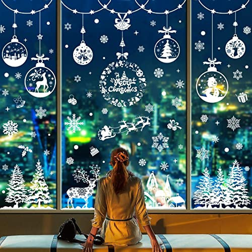 Tuopuda Fensterbilder Weihnachten Selbstklebend 163 Sticker Fenster Schneeflocken Aufkleber Fensterdeko Weihnachtsdeko Fenstersticker Statisch Haftende Weiß Winter Dekoration, A