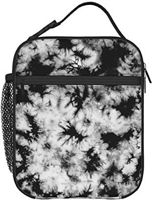 PrelerDIY Lonchera negra con diseño de teñido anudado para mujeres, hombres, niñas, niños, con asa desmontable, bolsa de almuerzo