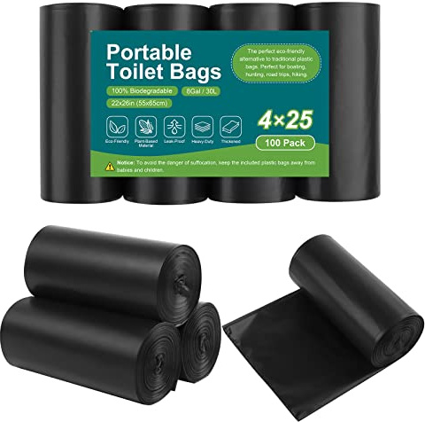 LITFP 100 Count Biodegradable Portable Toilet Bags for Camping, Hiking, Boating, Car Travel - 30L Capacity