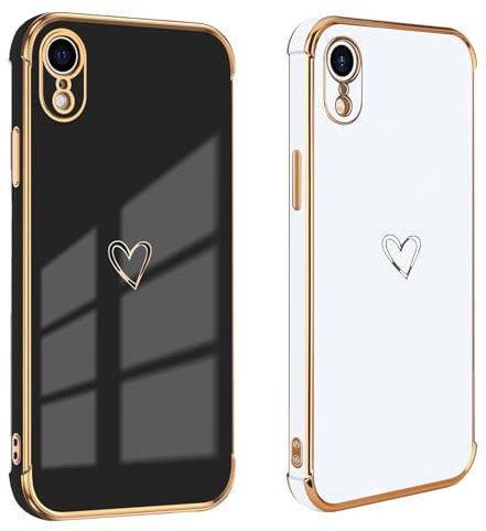 DSOIYIC KARELIFE 2 Stück Handyhülle für iPhone XR Hülle Herz, Mädchen Liebe Galvanisierte Schutzhülle Silikon Stoßfest Dünn Case - Schwarz & Weiß