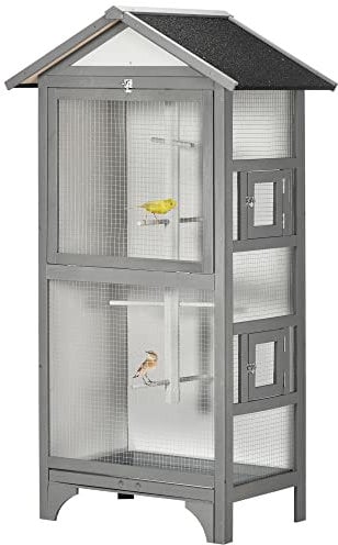 PawHut Voliera Gabbia per Uccellini da Esterno in Legno di Abete, 3 Aperture con Blocco 4 Posatoi e Vassoio Rimovibile, Grigio Chiaro, 80.5x57x153cm