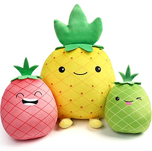 LotFancy Pineapple Plush Pillow, Set of 3, 30cm 17cm und 15cm Squishy Stuffed Plush Toy, Fruit Cushion, Ms Sweety and Baby Pineapples, Easter Gifts