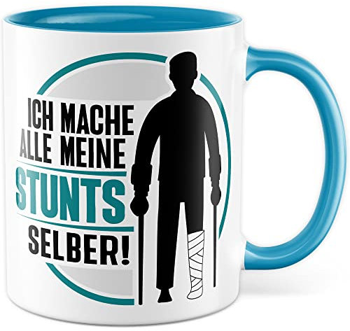 Lustige Tasse Stuntman Kaffeetasse mit Witz Kaffee-Becher mit lustigem Motiv Ich mach alle meine Stunts selber Geschenk Bruch Krankenhaus Gute Besserung Geschenkidee Humor (Weiß/Blau)