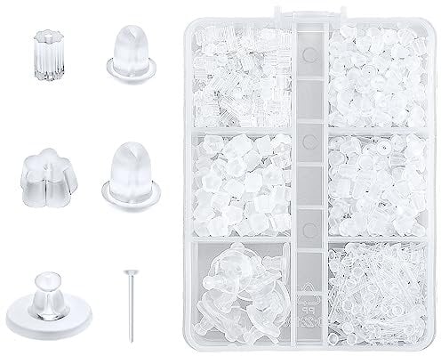 690pcs Earring Backs - 5 Styles Silicone and Rubber Soft Replacements With Flat Pins for Studs, Hoops, and Hooks - Clear