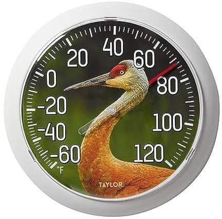 Taylor Nature Series Sandhill Crane Indoor Outdoor Dial Thermometer, Easy to Read Wall Decor for Patio, Pool, Yard, Garden or Garage, 8.5 Inch, Gray Bezel