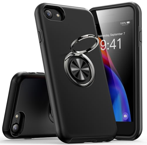 KRAFTCARE Hülle für iPhone SE (2022/2020),iPhone 8 und iPhone 7 Handyhülle mit Eingebetteter 360° Grad Ring, Magnetische Schutzhülle TPU Stoßfest Cover Case für iPhone 7/8/SE,4,7 Zoll-Schwarz
