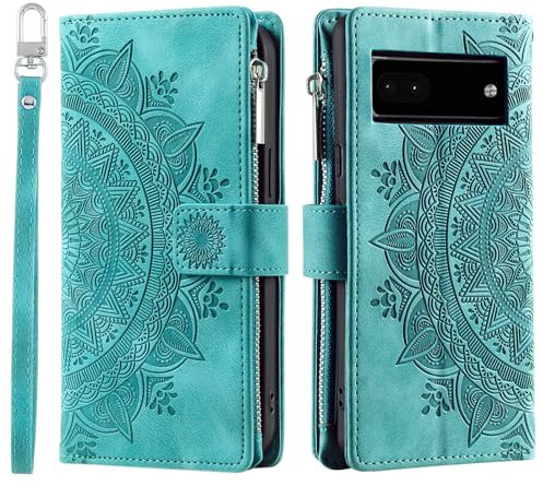 VEEMOS Handyhülle für Google Pixel 6a hülle Klappbar Blumen Handytasche Schutzhülle Klapphülle mit Kartenfach Handy Tasche Book Cover Flip Case Ständer - Grün