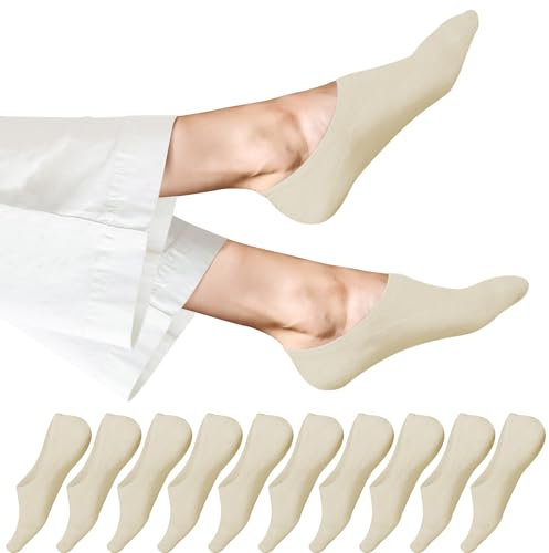 EKSHER Füsslinge Damen 39-42 Sneaker Socken Herren 10 Paar Unsichtbare Ballerina No Show Socken Weiss Sportsocken Baumwoll Kurze Halbsocken Silikonpad Verhindert Verrutschen Atmungsaktive Beige