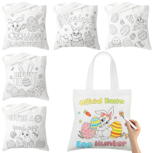 Locmeo 24 Pcs Easter Color Your Own Tote Bag for Kids 8.6 x 8.6 Reusable Canvas Bag Coloring Goodie Bags DIY Party Favor Bags for School Home Painting Art Crafts Activities