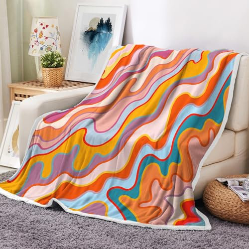 Viajar Retro 70er Jahre Hippie Überwurfdecke Grün Rosa Groovy Waves Funky Blanket Funky Abstract Blanket Groovy Spiral Swirl Pastell 70er 80er Jahre Ästhetische Überwurfdecke für Couch Bett Sofa