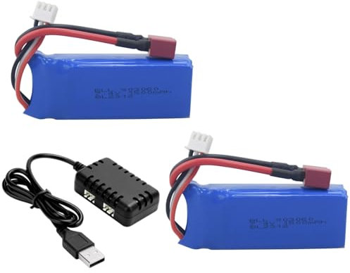 2PCS 7.4V 2S 1500mAh T-Plug Lipo Battery with 2-in-1 Charger for WLTYOS K929-B A959-B 12401 300E YC200 HM123 1/10 1/12 1/16 Scale RC Car Truck High Speed Car Battery