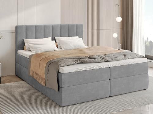 BROMARKT Boxspringbett mit Bettkasten Polsterbett mit Bonell-Matratze und Topper Doppelbett mit Stauraum Bett für Schlafzimmer gepolstertes Kopfteil Denver 140x200 Härtegrad H3 Flachgewebe Hellgrau