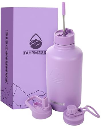 FAHRMOSIS 64 OZ Water Bottle with Straw | Insulated Water Bottle Water Jug Includes 3 Lids Water Bottles | Stainless Steel Water Bottle for Men & Women - Lavender