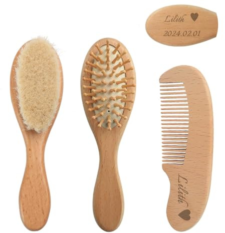 Personalisierte Baby-Haarbürste und Kamm-Set mit Namen Babybürste aus Holz + Ziegenhaare, extra weich für Babys Haare, Baby Bürste Zubehör, Erstlingsausstattung, neugeborenen Geschenk