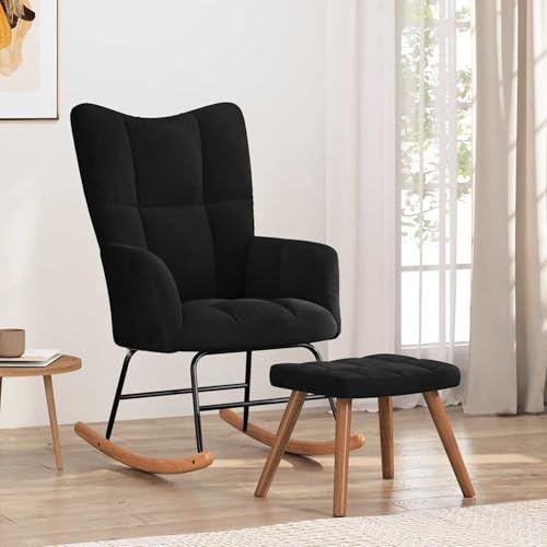 Rantry Fauteuil à bascule avec repose-pieds en velours noir, chaises d'extérieur, chaises de salle à manger pour jardin, mobilier de jardin, mobilier de jardin