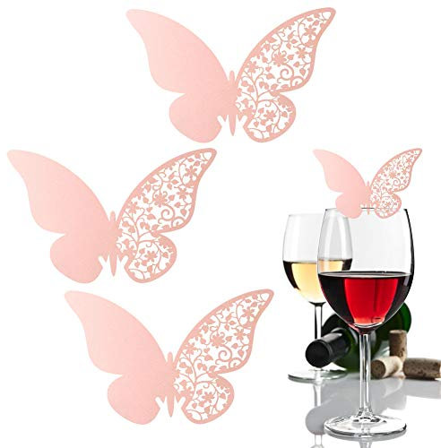 20 Stück Weinglaskarten aus Papier, Hohl, für Hochzeit, Schmetterlinge, Tischkarten für Hochzeit, Geburtstag, Bankette, Tischdekoration (Rosa)