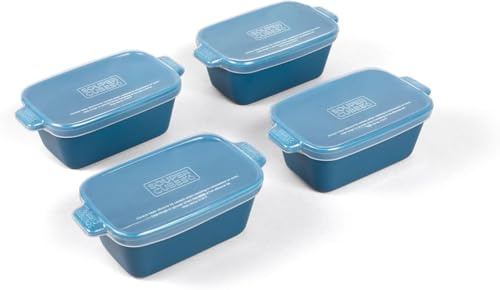 Souper Cubes 5 x 3 Ceramic Dishes With Silicone Lids – Blueberry - 4-Pack | Small Oven Baking Dish Stoneware, Perfect For Reheating Lasagna, & Individual Portions - Oven, Air Fryer, & Microwave Safe