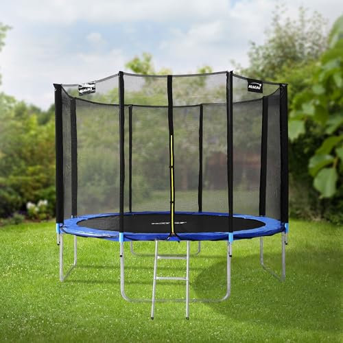 Hauki Trampolin Outdoor, Ø366 cm, Blau, GS geprüft, Rundes Gartentrampolin für Kinder bis 150 kg, Komplettset mit Sicherheitsnetz, Leiter, Randabdeckung, Gepolsterte Stangen, Stabile Kindertrampolin