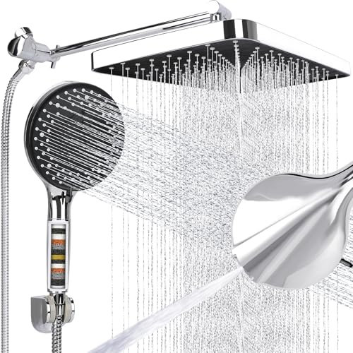MEKMGI Cabezal de ducha filtrado de 14 pulgadas de alta presión, combo con brazo de extensión desviador de 3 vías, cabezal de ducha de lluvia con 10 rociadores de agua de mano, cabezal de ducha