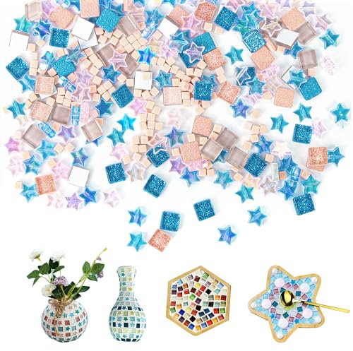 Tessere Mosaico in Vetro, Trasparenti Tesserine per Mosaico Fai Da Te Piastrelle Mosaico ca. 350-380 pz Kit Mosaico Adulti Mosaico Artigianato per Arte Casa e Decorazioni
