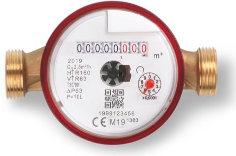 CONTATORE ACQUA fino a T90° DN15 (1/2) -CORPO IN OTTONE-COMPLETO di RACCORDI e GUARNIZIONI-Lungo 110mm-con COPERCHIETTO. PRODOTTO IN ITALIA - CERTIFICATO MID e DM174/2004 per acqua potabile