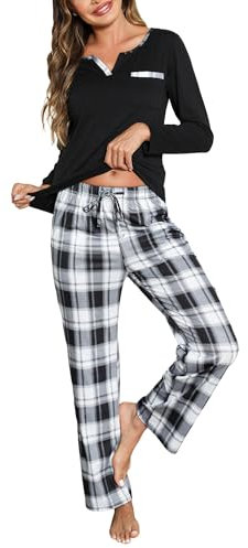 Bresdk Pigiama Donna Invernale Manica Lunga Pigiama da Donna Cotone Lungo Pigiami Invernali Due Pezzi a Quadri Set Pigiama da Notte con Tasca