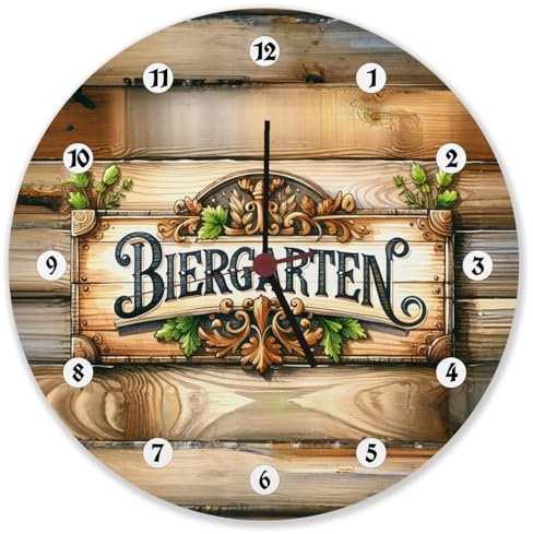 speecheese Biergarten Wanduhr aus Alu Rustikale Wanduhr aus Alu im Biergarten-Stil mit altdeutscher Schrift und Hintergrund - Perfekt für Bierliebhaber und Sammler
