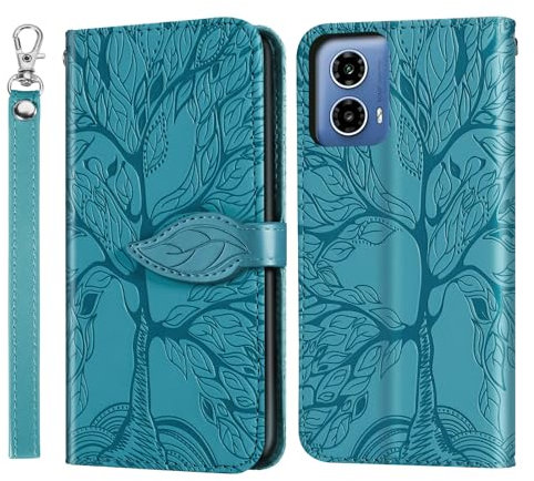 Rostsant Coque Motorola Moto G34 5G - Étui à Rabat en Cuir PU Avec Arbre en Relief, Fermeture Magnétique et Portefeuille - Bleu