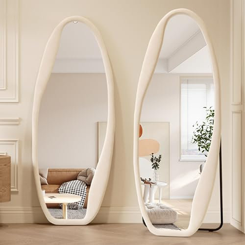LVSOMT Ganzkörperspiegel Asymmetrischer, 160x60cm Standspiegel mit Flanell, Wandspiegel Ganzkörperspiegel Groß, Asymmetrischer Spiegel Stehend Wohnzimmer Schlafzimmer Flur, Aufstellspiegel, Weiß Samt