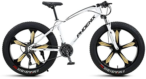 26-Zoll-Mountainbike für Jungen, Mädchen, Männer und Frauen, Fatbike für Erwachsene, Strand- und Schneefahrrad aus Karbonstahl, Hardtail, Scheibenbremsen, Weiß, 5 Speichen, 7 Gänge