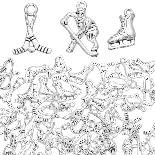 SUNNYCLUE 1 Scatola 48 Pezzi Ciondoli da Hockey Sfusi Ciondoli Sportivi in Argento in Lega Giocatore Bastone Palle di Ghiaccio Invernali Gioco Competizione Ciondoli Sportivi AntiCHIS per La Creazione