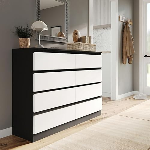URBNLIVING Modern Black Wooden Chest with White 8 Drawers for Bedroom Office Storage Versatile Bedside Table Stylish Cabinet for Organizing Clothes Accessories Work Place Supplies and Personal Items