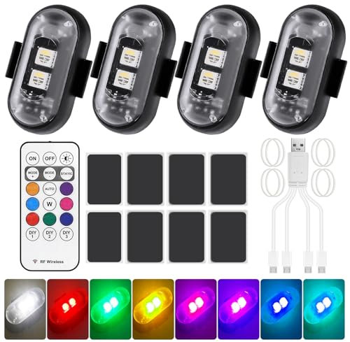 YSWOVUO 4 Piezas Luces Estroboscópicas LED, 8 Colores Inalámbrico Lampada Stroboscopica LED Impermeable con Mando a Distancia, USB Anti-collision Lights para Moto, Coche RC, Mini Drones