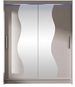 Mirjan24 Schwebetürenschrank Westa S mit Spiegel, Breite: 150cm, Kleiderschrank mit Kleiderstange und Einlegeboden Garderobenschrank (Cashmere/Spiegel, mit RGB LED-Beleuchtung)