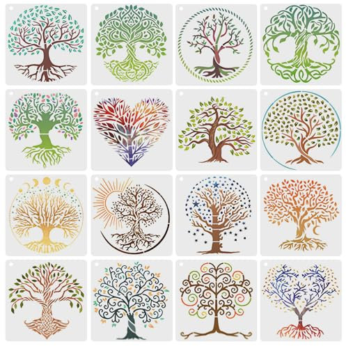 16 Stück Baum des Lebens Schablonen Baum Zeichnung Malerei Wiederverwendbare Schablonen Malen mit runden Ringen natürliche Pflanzen Schablone für Scrapbooking, Leinwand, Kartenherstellung, DIY Kunst